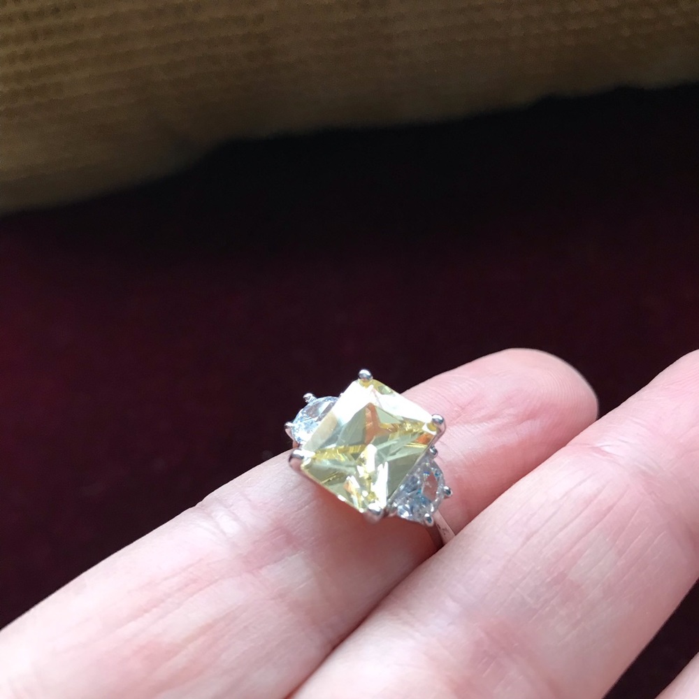 3 Stone 2 Karat Yellow Center Radiant Cut Rhodium Plated Cubic Zirconia Ring